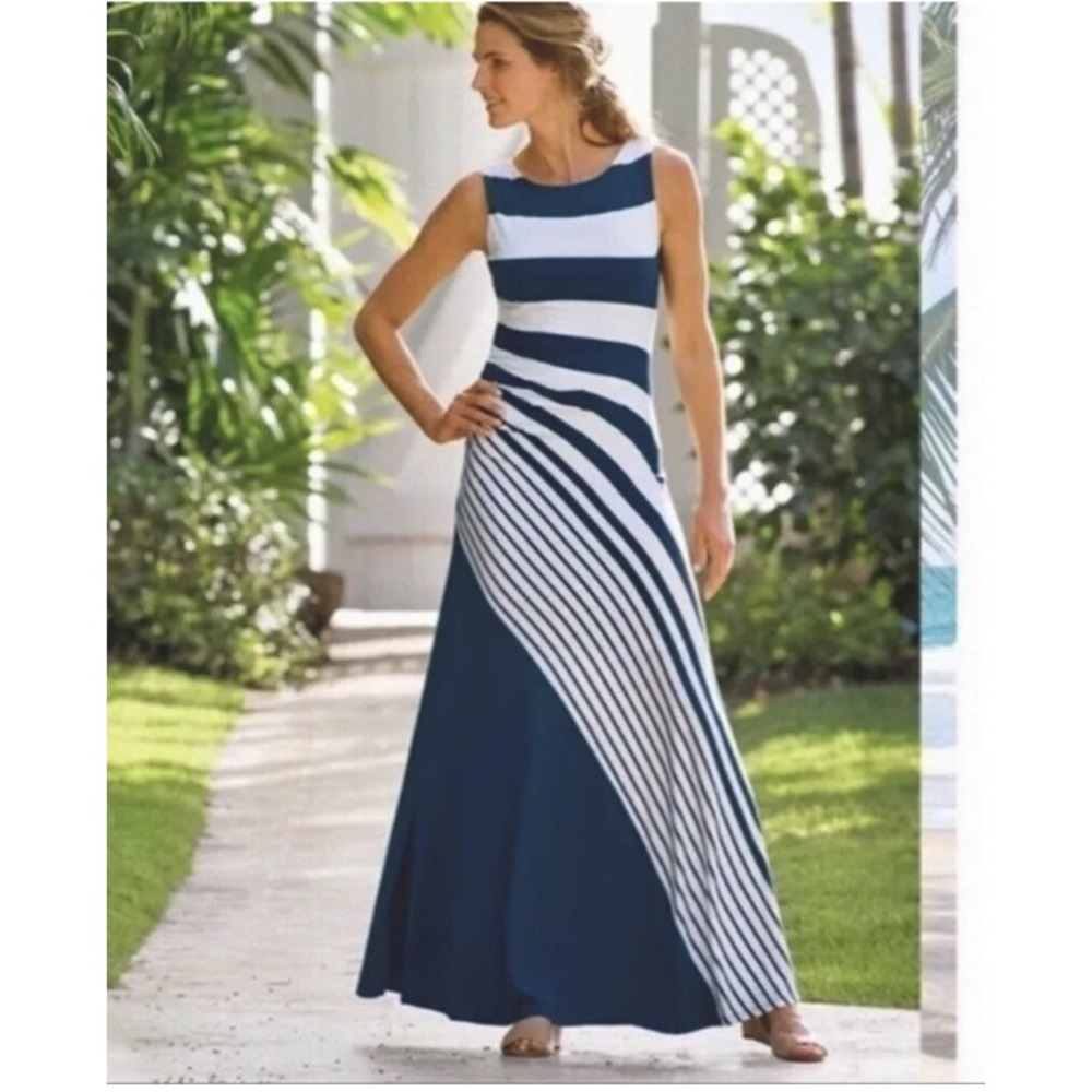 Soft Surroundings Here to Infinity Maxi Dress Size SMALL Striped Navy White